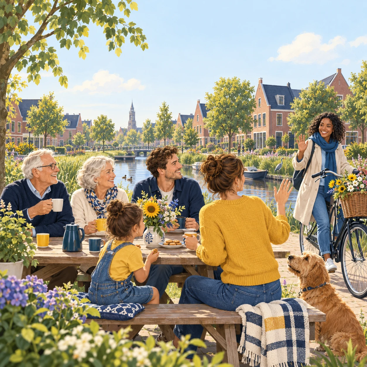 Buren ontmoeten elkaar aan een gezellige tafel in de straat